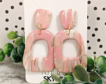 Pink Arch Earring Cutout Marbled Pale Pink Statement Clay Earring Big Light Earring Faux Gem Polished Stone Pink Swirl Earrings