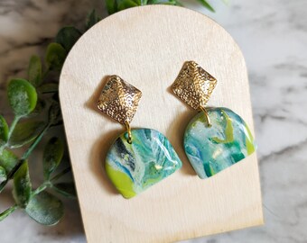 Marbled Green Statement Clay Earring Green Swirl Faux Green Stone Gold Accent Earring LIghtweight Arch