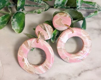 Light Pink Earring Circle Cutout Marbled Pink Statement Clay Earring Big Light Earring Faux Gem Polished Stone Pink Swirl Earrings