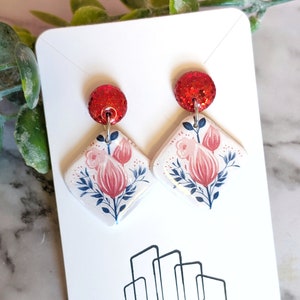 floral print on white dangle earring