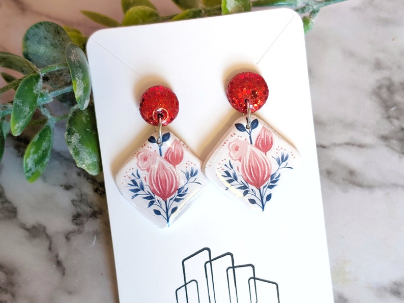 floral print on white dangle earring