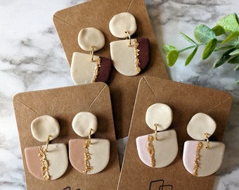 Neutral Color Clay Dangle Earrings with Gold Accent Color Block Brown and Pink Modern Clay Earrings Gift for Women Clay Jewelry Earth Tone