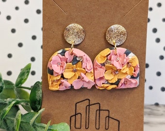 Flower Earring Clay Textured Petals Pink and Yellow Lightweight Earring Gold Accent Clay Jewelry for Teens 3D Flower Earrings