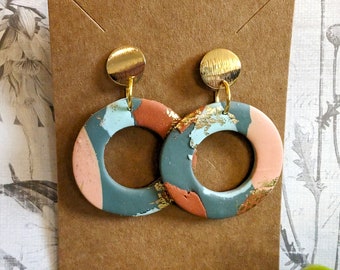 Boho Summer Earrings Circle Cutout Clay Statement Earring Brown Pink Aqua Colors Trendy Polymer Clay Lightweight Stainless Steel