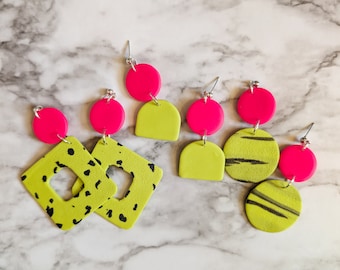 Neon Earrings Hot Pink and Green Clay Earrings 80's Earrings Lightweight Neon Accessories Gift for Teen 80's Costume