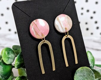 Earring Light Pink Arch Cutout Marbled Pale Pink Statement Clay Earring Big Light Earring Faux Gem Polished Stone Pink Swirl Earrings