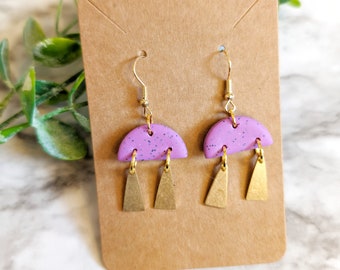 Geometric Dangle Earrings Teal Earring Purple Earring Brass Accent Clay Earring Half Circle Semicircle Hook Earrings