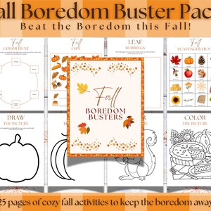 Könnte beinhalten: Ein druckbares Paket mit 25 Herbst-Aktivitätsseiten für Kinder. Die Seiten beinhalten Aktivitäten wie Farbsüchteln, Ich sehe was, Blätterreiben, Schnitzeljagden, Zeichnen und Malen. Die Seiten sind mit Herbstfarben und -bildern verziert.