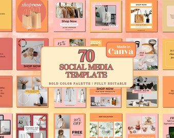 May include: A collection of 70 social media templates in a bold color palette. The templates feature a variety of designs, including text, images, and graphics. The templates are fully editable and can be used to promote products, services, or events.