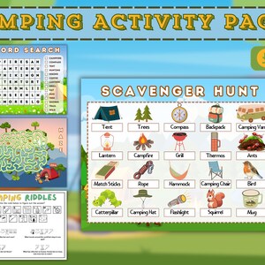 Camping Activity Pages for Kids, Printable Camping Activity Bundle, Summer Birthday Game, Kids Camping Activity, Kids Camping Travel Games