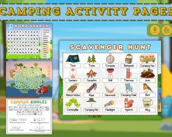 Camping Activity Pages for Kids: Scavenger Hunt, Maze (Digital Download)