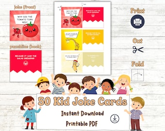 May include: A set of 50 printable kid joke cards featuring colourful illustrations. The cards are designed to be cut, folded, and used for a fun activity. The text on the cards reads "50 Kid Joke Cards, Instant Download, Printable PDF".