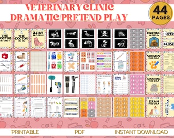 Può includere: Un set di 44 pagine stampabili per giocare a fare finta di essere in una clinica veterinaria. Le pagine presentano illustrazioni colorate di animali, attrezzature mediche e cartelli per diverse stanze della clinica. Il testo sulle pagine include "Il Dottore è Fuori", "Sala Radiografie", "Area di Attesa", "Sala Operatoria", "Sala Toelettatura", "Sala Esami" e "Clinica Veterinaria".