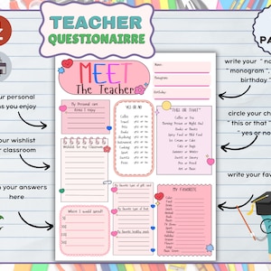 All About My Teacher, Teacher Survey Printable, Meet the Teacher, Back to School Teacher Questionnaire, PTO, Teachers Favorite Things