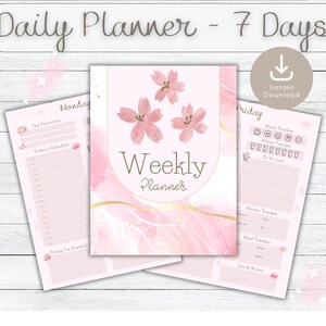 Druckbare Planerseiten, 7-Tage-Planer, Wochenplaner mit rosa Blumenmuster, Wochenplaner, Wochenplaner, Sofort Download