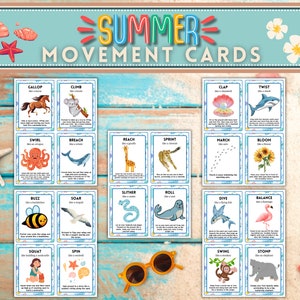 May include: A set of 16 colorful movement cards featuring summer-themed illustrations and instructions for different movements. The cards are designed to help children learn and practice various motor skills.