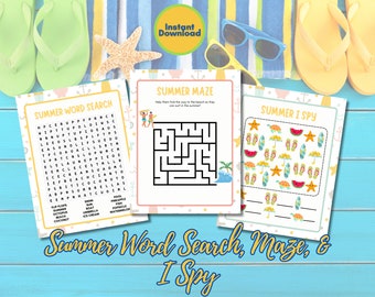 Summer Games for Kids: Maze, Word Search, I Spy (Printable PDF)
