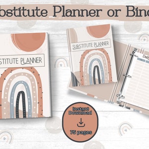 Puede incluir: Un planificador o carpeta de sustitución imprimible con un diseño de arcoíris y formas abstractas. La portada presenta el texto "Substitute Planner" en negro sobre un fondo beige. El planificador tiene 75 páginas y está disponible para descarga instantánea.