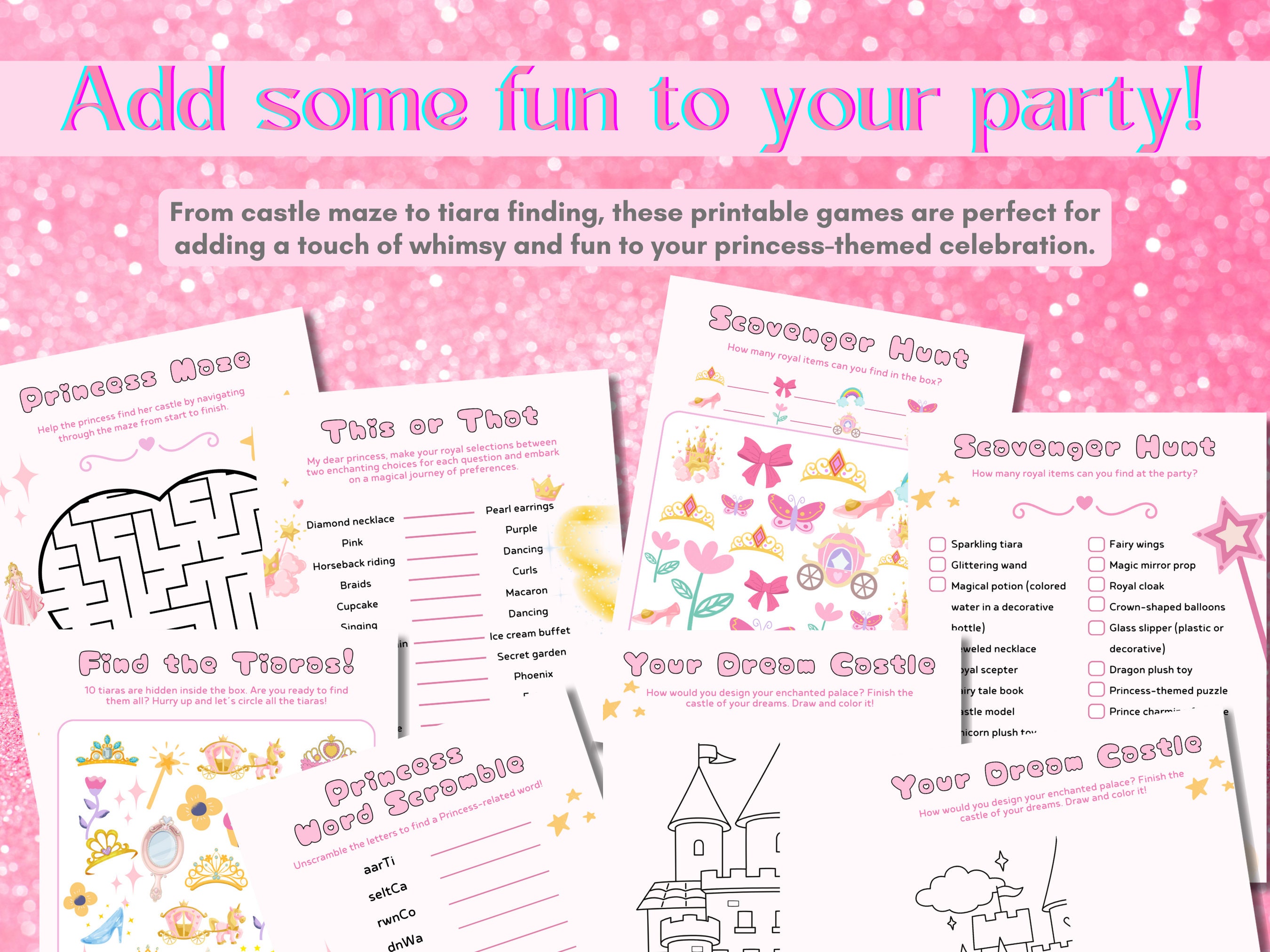 Princess Birthday Party Games, Party Favors, Pink, Printable, Instant