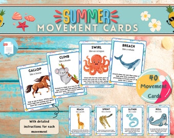 Summer Animal Movement Cards: Kids Activity, Printable (PDF)