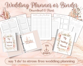 May include: A printable wedding planner or binder with 118 pages. The cover features a watercolor design with floral elements in shades of pink and green. The text "My Wedding Planner" is displayed in a white box.