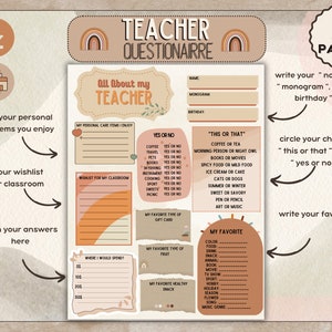 All About My Teacher, Boho Teacher Survey Printable, Meet the Teacher, Back to School Teacher Questionnaire, PTO, Teachers Favorite Things