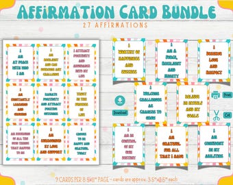 May include: A set of 27 printable affirmation cards with colourful stripes and text. The cards are designed to help you focus on positive thoughts and affirmations. The cards are approximately 3.5 inches by 2.5 inches.