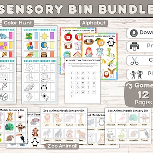 Sensory Bin Play Bundle, Alphabet Sensory Bin Printable Game, Color Hunt Sensory Bin Printable Game, Zoo Animal Sensory Bin Printable Game