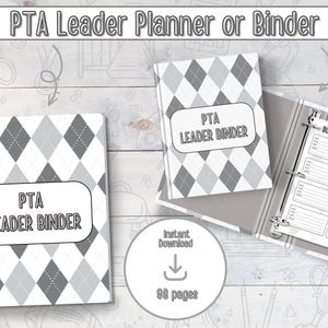 Puede incluir: Una carpeta de líder de PTA imprimible con un patrón de rombos gris y blanco. La carpeta incluye 98 páginas y tiene una página de título que dice "PTA Leader Binder".