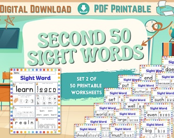 Second 50 Sight Words Worksheets: 1st-2nd Grade Spelling (PDF Printable)