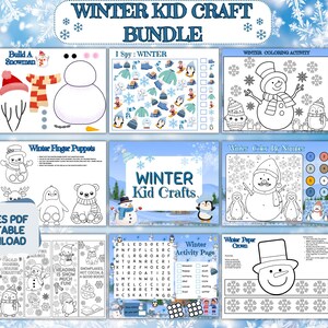 May include: A printable PDF bundle of 9 winter-themed crafts for kids. The bundle includes coloring pages, a build-a-snowman activity, a paper crown, a word search, a connect-the-dots activity, and more. The pages are black and white and feature illustrations of snowmen, penguins, and other wintery scenes.