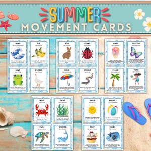 May include: A set of 16 colorful cards with summer-themed illustrations and movement prompts. Each card features a different animal or object and a corresponding action, such as "Bend like a wave", "Fly like a bird", "Hop like a bunny", "Crawl like a beetle", "Jump like a jellyfish", "Flutter like a butterfly", "Leap like a frog", "Waddle like a goose", "Fold like an umbrella", "Wiggle like an eel", "Stand like a palm tree", "Toss like a player", "Walk like a crab", "Sway like seaweed", "Smile like the sun", "Bounce like a beach ball", "Swim like a turtle", "Whistle like a dolphin", "Melt like ice cream", and "Glide like a surfer".