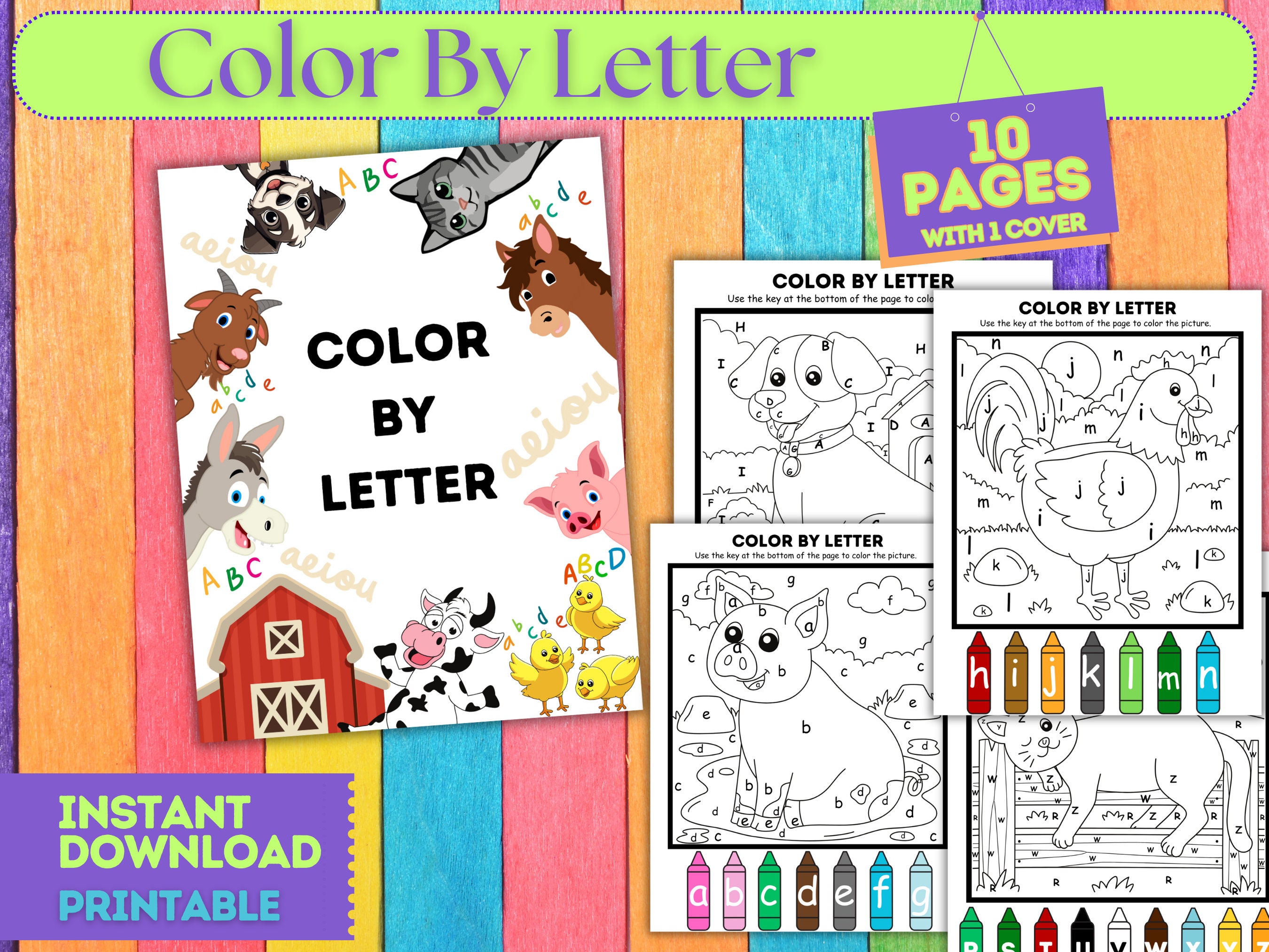 Kids Color by Letter Coloring Pages, Animal Coloring Bundle, Printable
