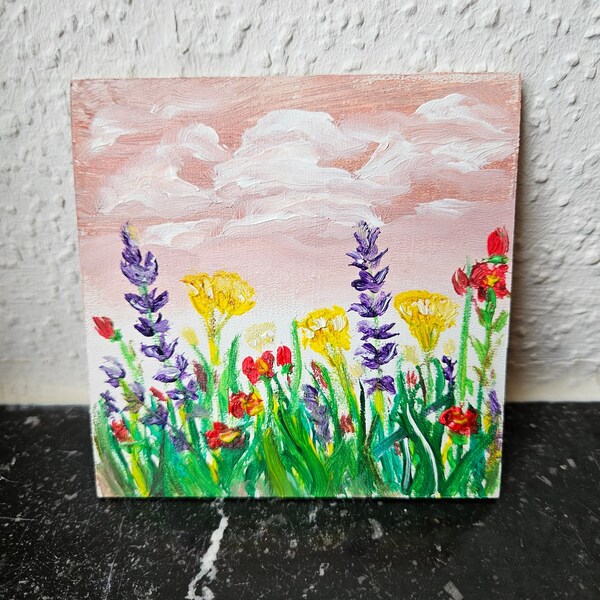 Original Small Oil Painting of a Field of Flowers | Hand-Painted Floral Landscape | 4x4 inches(10x10 cm) | Handmade | Oil Painting | Flowers