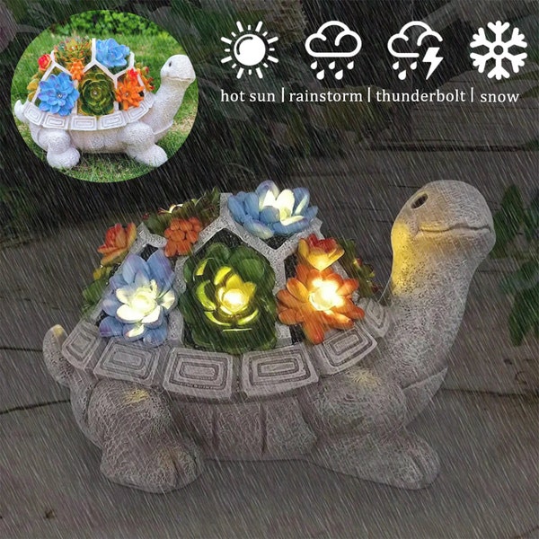 ¡Regalo perfecto para el Día de la Madre! Estatua al aire libre de la tortuga del jardín solar con las luces suculentas y 7 LED, estatua de la tortuga de la decoración del césped para el patio, Ba