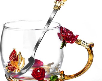 Tazza smaltata per caffè in vetro I migliori regali di compleanno per mamma Donna Farfalla Rosa Calza imbottita senza piombo per donna Tazza da tè rossa con cucchiaio Chris