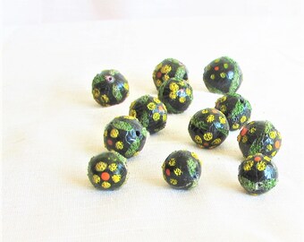 Beads, black, floral design, yell orng gree, 4 sizes, variety, all round, 12 pieces, lightweight, size variety, bead destash