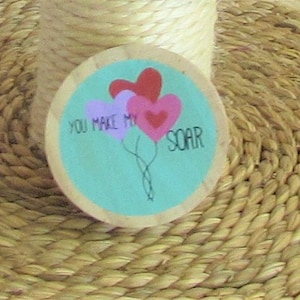 May include: A teal blue round wooden sign with three pink and red heart-shaped balloons. The sign says "You make my soar".