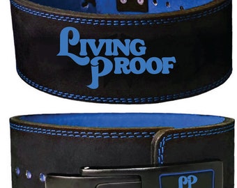 May include: Black leather weightlifting belt with blue stitching and a black buckle. The belt has the words "Living Proof" in blue lettering and a blue "LP" logo on the buckle.