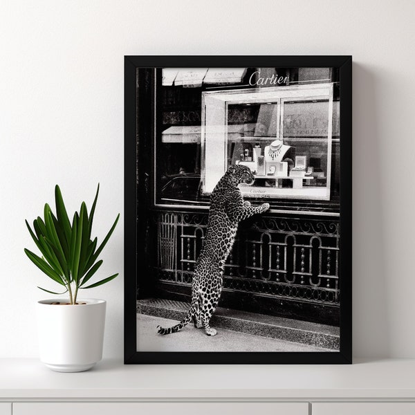 Panther in the Jewelry Shop Poster, Cheetah Print, Black and White, Vintage Photography, Fashion Print, 1950 Wall Art Poster