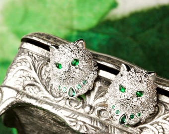 Emerald Green Eye Cat Earrings and Ring Set: White Gold Plated Sterling Silver, Hypoallergenic