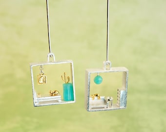 Asymmetrical Cat House Pierced Earrings: Pure Sterling Silver Hypoallergenic, Miniature Jewelry