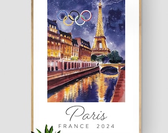 Affiche murale de Paris 2024 | Paysage de la capitale française, Vues nocturnes de Paris - Déco Murale JO 2024 Paris, Tour Eiffel La Seine