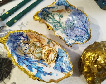Boite à bagues "Corail", décoration de table, cadeau de Noël, en huitre naturelle, création unique à la main, doré ou bleu océan