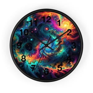 Reloj de pared con espiral cósmica psicodélica / Arte galáctico caleidoscópico (marco de madera de 25 cm)