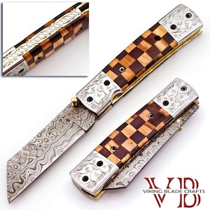 Handmade Folding Knife, Handmade Damascus Steel Tanto Pocket Knife, Olive Wood, Folding Knife Gifts, Tanto Folding Knife, birthday gift