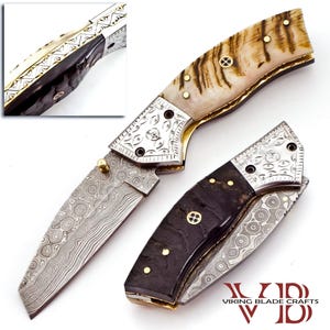 Custom Handmade Damascus Pocket Knife, Folding Knife, 2 Color Ram Handel, Damascus Steel Knife, Wedding Gift, Personalized Gift For Men