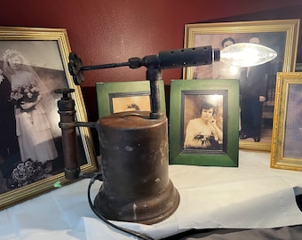 Re-purposed vintage torch light. Antique, original patina great for use in the den, man cave a gift for dad.  Upcycled brass, metal lamp.