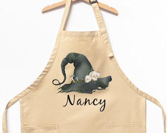 Witchy Hat Custom Name Aprons, Kitchen Chef Apron Halloween Gift Idiea, Trick Or Treat Apron, Spooky Season Party Outfits, Funny Witch Apron