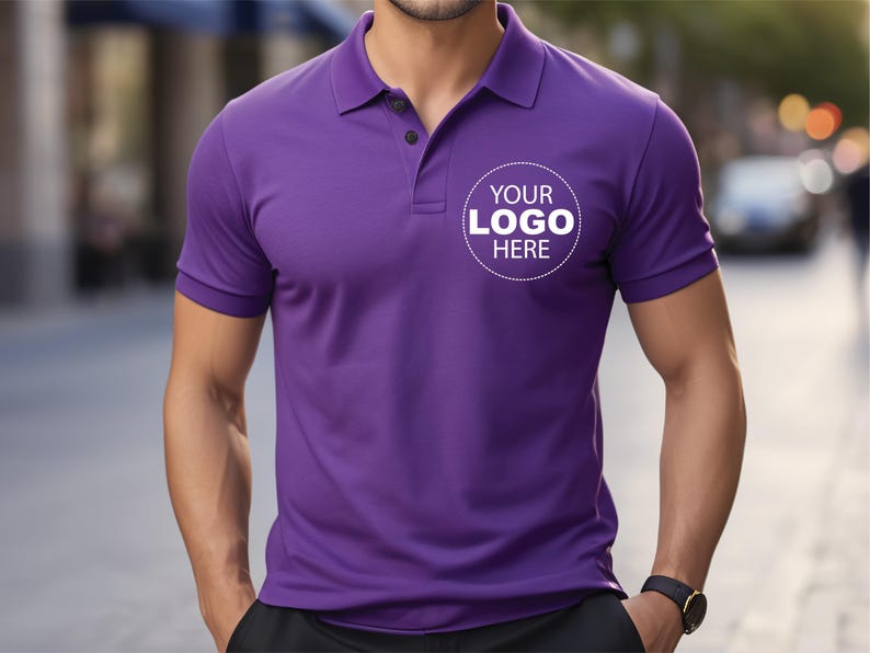 A man wearing a purple polo shirt with the text "YOUR LOGO HERE" printed on it.